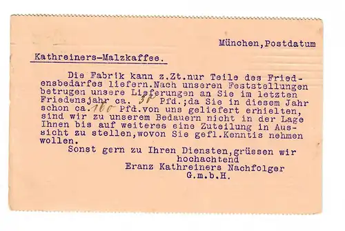 Postkarte 1915 Perfin - Firmenlochung FKN, München nach Donauwörth