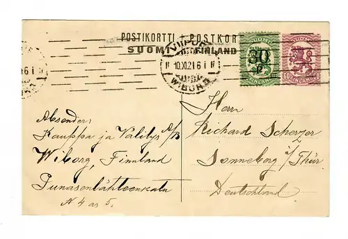 Postkarte Wiborg 1921 nach Sonneberg/Thüringen