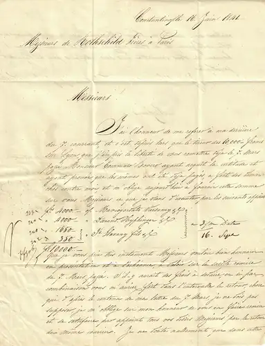 Brief von 1841, Constantinople an Gebrüder Rothschild, Paris mit Cholera Stempel