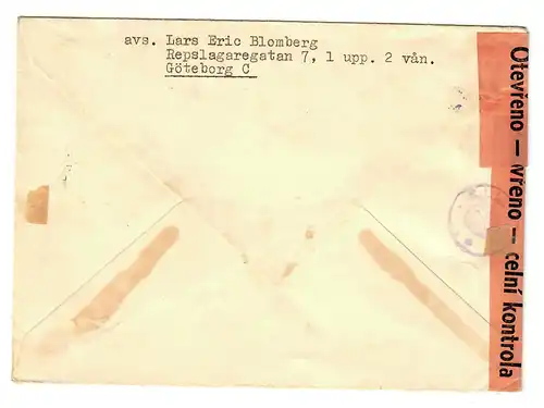 Einschreiben Stockholm/Göteborg in die Tschecheslovakei, 1954, Zensur