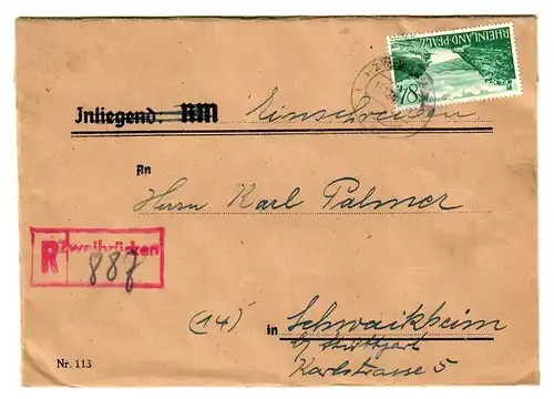 Lettre recommandé à Zweibrücken vers Schwaikheim 1947