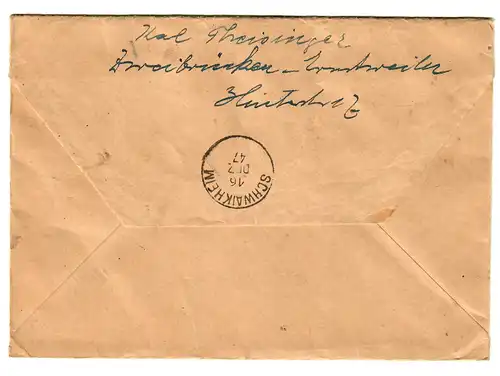 Lettre recommandé à Zweibrücken vers Schwaikheim 1947