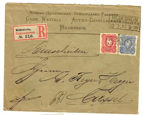 Hildesheim Einschreiben, Firmenstempl 1887 nach Kassel