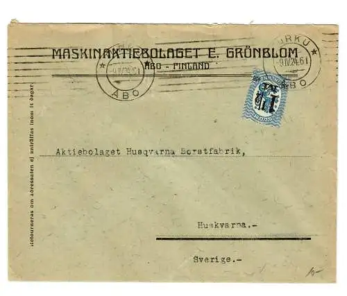 Brief aus Turku, 1924 nach Schweden, Huskvarna