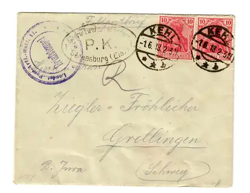 Lettre de Kehl à Grellingen/CH, censure de Strasbourg, 1918