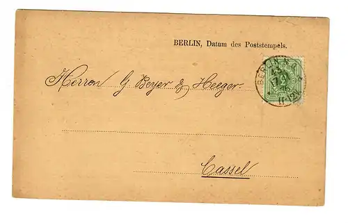 Postkarte Berlin, 1876 nach Kassel, Gestanzte Karten, Besuchtsanzeige