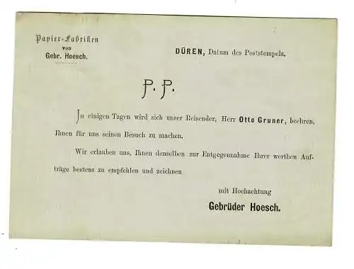 Postkarte Düren, Papier Fabrik, 1878 nach Kassel