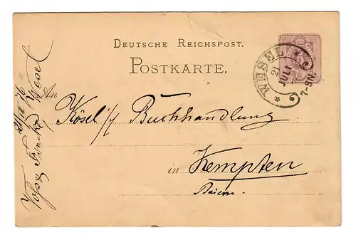 Carte postale Wesel vers Kempten, 1876