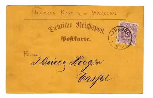 Postkarte Warburg, 1877 nach Kassel, 