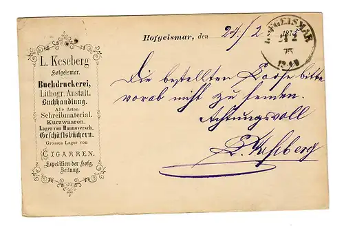 Carte postale Hofgeismar 1875 après Kassel, imprimerie, cigares