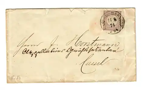 Brief Kassel Bahnhof 1874, MiNr. 16 EF, oben Schere