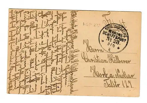 Carte de vue sous-marin allemand, Marine Marines Post MSP 23 vers Horb/Neckar, 1916