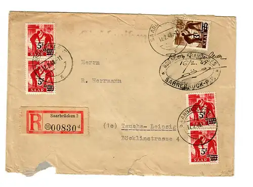 Einschreiben Saarbrücken nach Taucha, 1948
