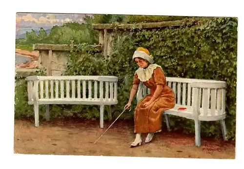 Poste maritime no 200, 1916 sur carte de visite Art danois, femme sur banque