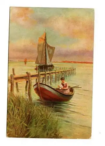 AK Abendstille, Boot am See, Marine Schiffspost Nr. 129, 1917 nach Landshut