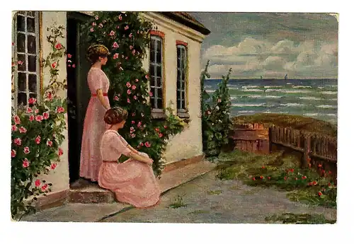 AK Art danois Filles devant la maison, Marine Post No 129 après Landshut 1916