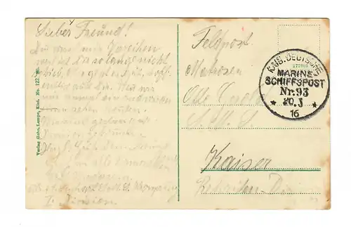 AK S.M.S. Kronprinz, Marine Schiffspost No 93 nach Kaiser, 1916