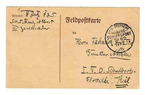 Carte postale de champ S.M.S. Roi Albert III, Poste navale No. 62 - 1916