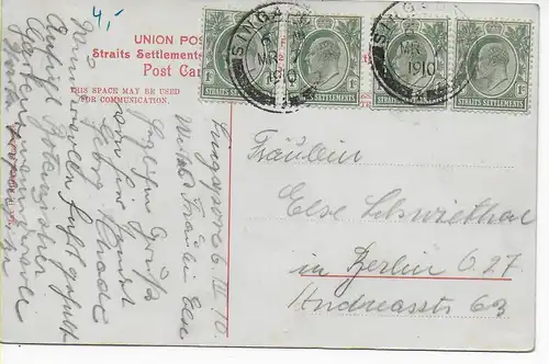 Carte de vue Singapore: Straits Settlements 1910 vers Berlin