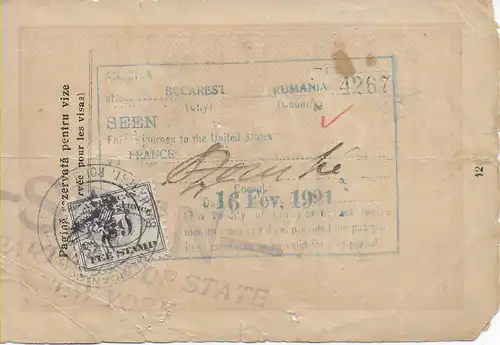 Bukarest: Reisepass über Frankreich nach USA, 1921