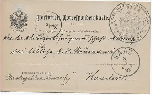 Portofreie Dienstpostkarte Saaz, 1892 nach Kaaden