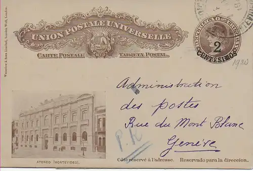 Carte postale Montevideo vers Genève, 1920