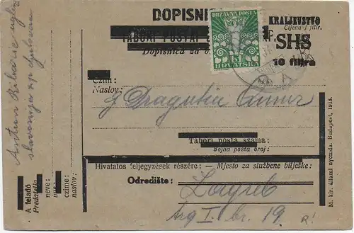 Carte postale Kralievstvo SHS vers Zagreb 1920