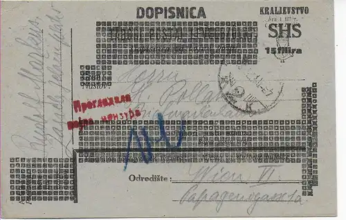 Postkarte Dopisnica Kralievstvo SHS von Zagreb nach Wien, 1919