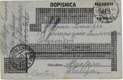 Postkarte Dopisnica Kralievstvo SHS nach Mantana, Italien 1919