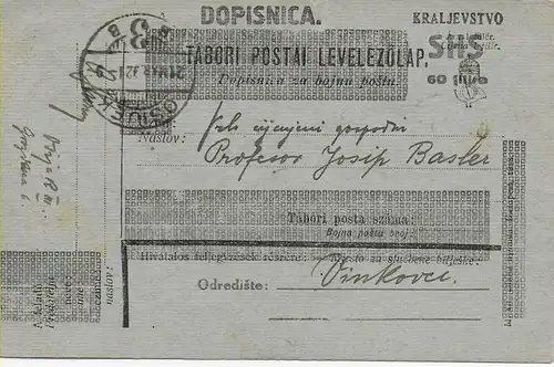Carte postale Dopisnica Kralievstvo SHS de Osijek à Vinkovci, 1921