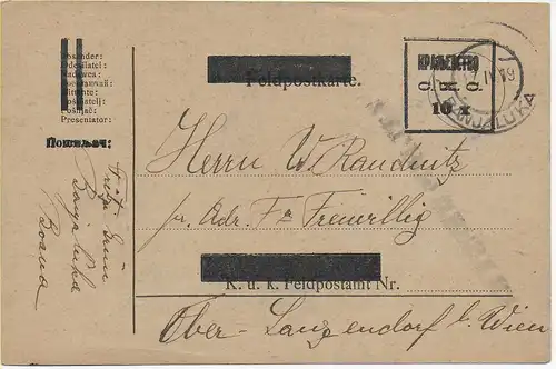 Carte postale Carte de champ de Banja Luka survolée vers Ober-Langendorf/Vienne,1919