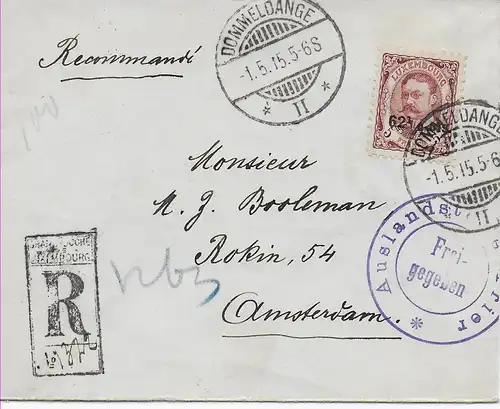 Dommeldange, 1915 Einschreiben nach Amsterdam, Zensur