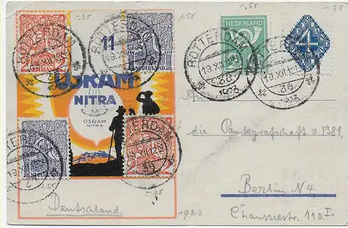 Postkarte OSRAM von Rotterdam 1923 nach Berlin, an Bord S.S. Köln
