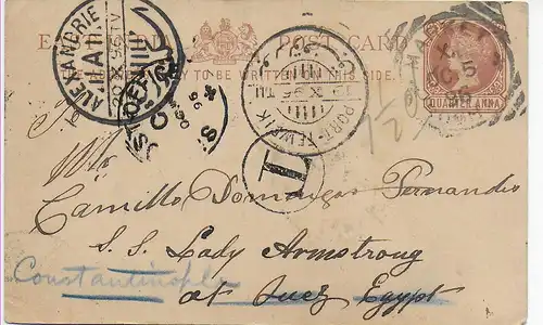 Carte postale Bombay 1896 via Port-Tewfik, Alexandria à Constantinople, Taxe