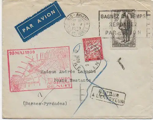 Luftpost Paris Aviation nach Pau R.P., zurück, Taxe, 1939