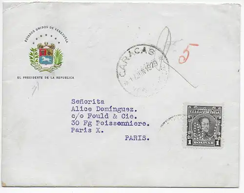 Caracas: El Presidente de la Republica to Paris: PERFIN- Lochung