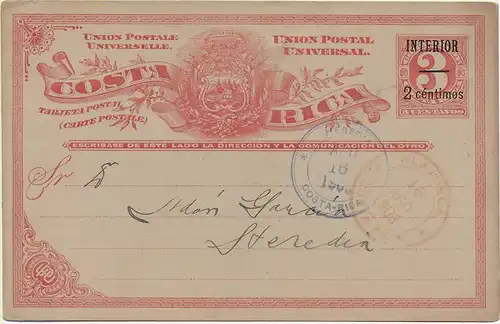 Carte postale Costa Rica, Alajuela vers Heredia, 1903