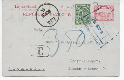Carte postale Medellin, 1922 vers Leipzig, Taxe