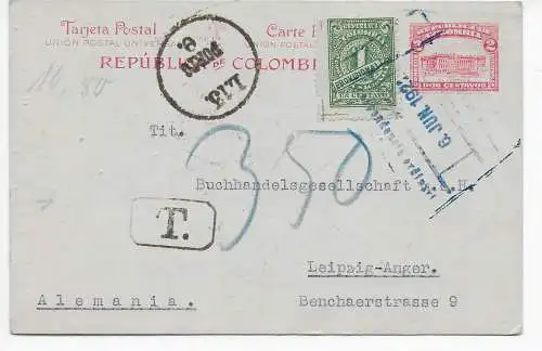 Carte postale Medellin, 1922 vers Leipzig, Taxe