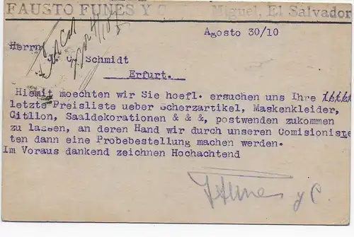 Tarjeta Postal Agosto to Erfurt, 1910