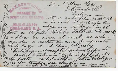 Post card Lima 1892 to Paris