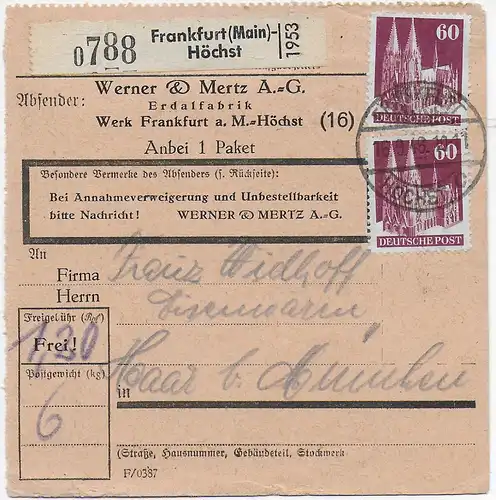 Selbstbucher Paketkarte Frankfurt Höchst nach Haar, 1948, Erdalfabrik