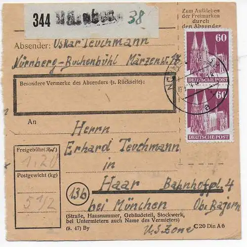 Carte de colis Nuremberg- Buchenbühl après Haar 1948