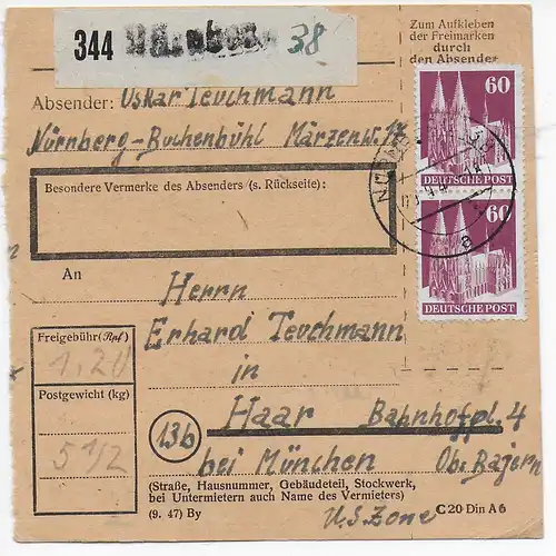 Paketkarte Nürnberg- Buchenbühl nach Haar 1948