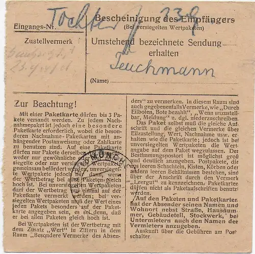 Carte de colis Nuremberg- Buchenbühl après Haar 1948