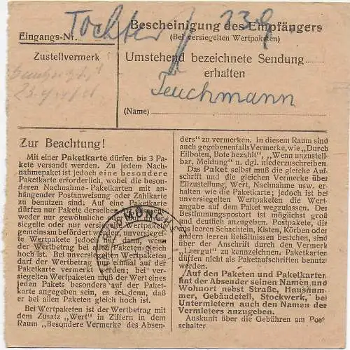 Paketkarte Nürnberg- Buchenbühl nach Haar 1948