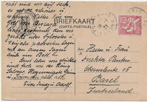 Carte postale Port Said, vers Bâle en 1921, de Schiff S.S. Oranje