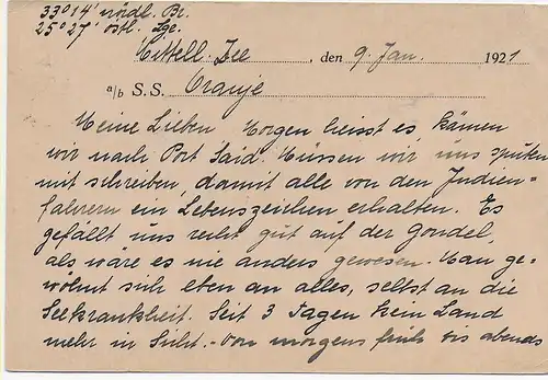 Postkarte Port Said, 1921 nach Basel, aus Schiff S.S. Oranje