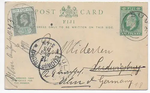 Post card Fiji Suva 1905 to Ludwigsburg, forwarded to Ulm