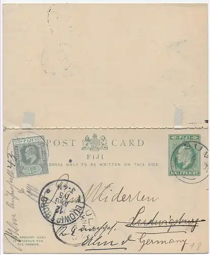 Post card Fiji Suva 1905 to Ludwigsburg, forwarded to Ulm